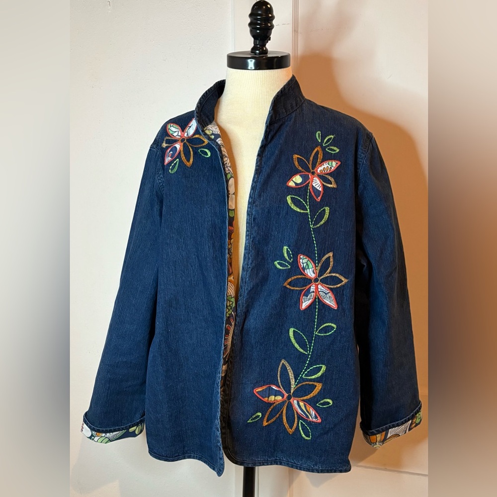 Alfred Dunner floral embroidered denim open front jacket